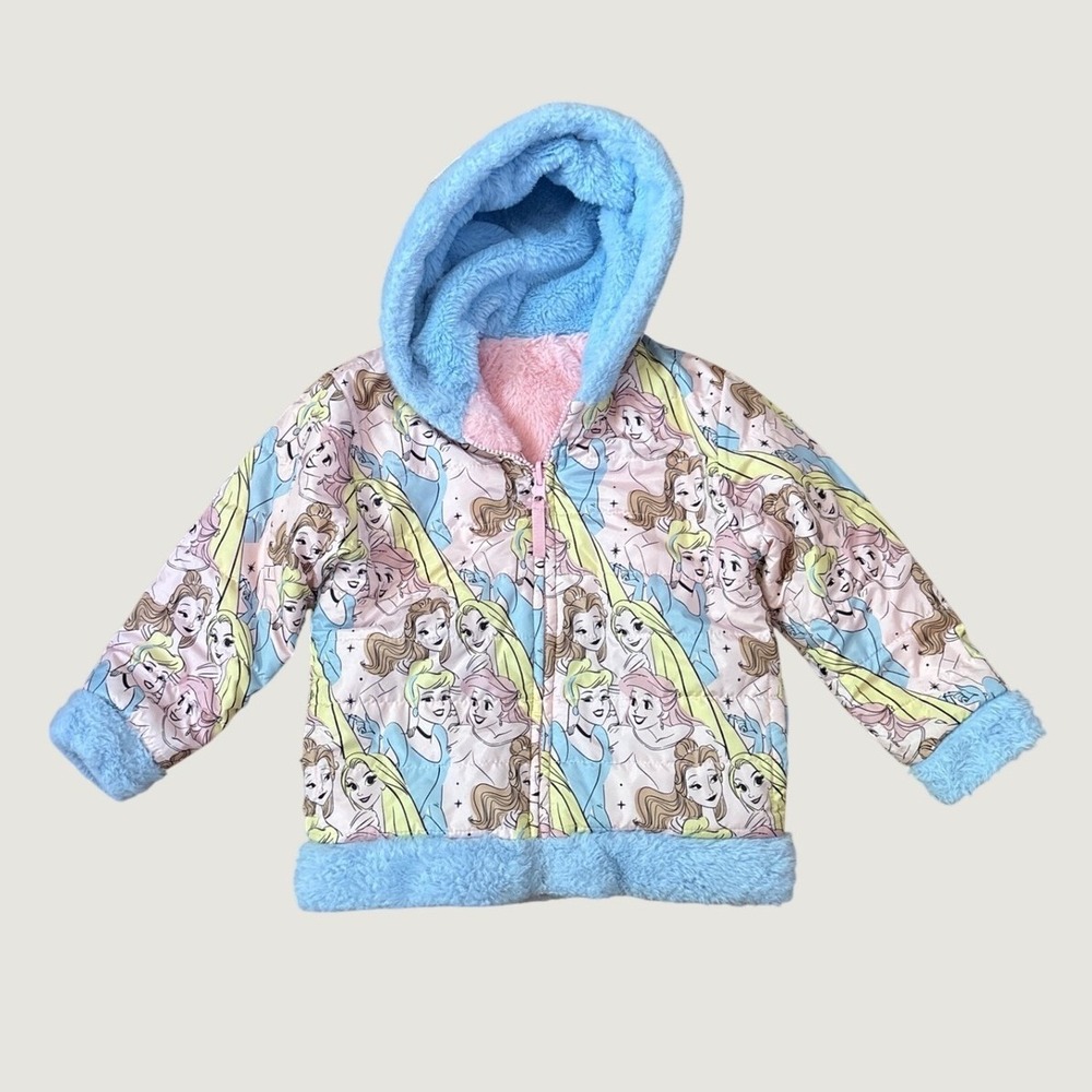 Disney Princess Puffer Jacket Girls Pink Blue Reversible Faux Fur SIZE 4T